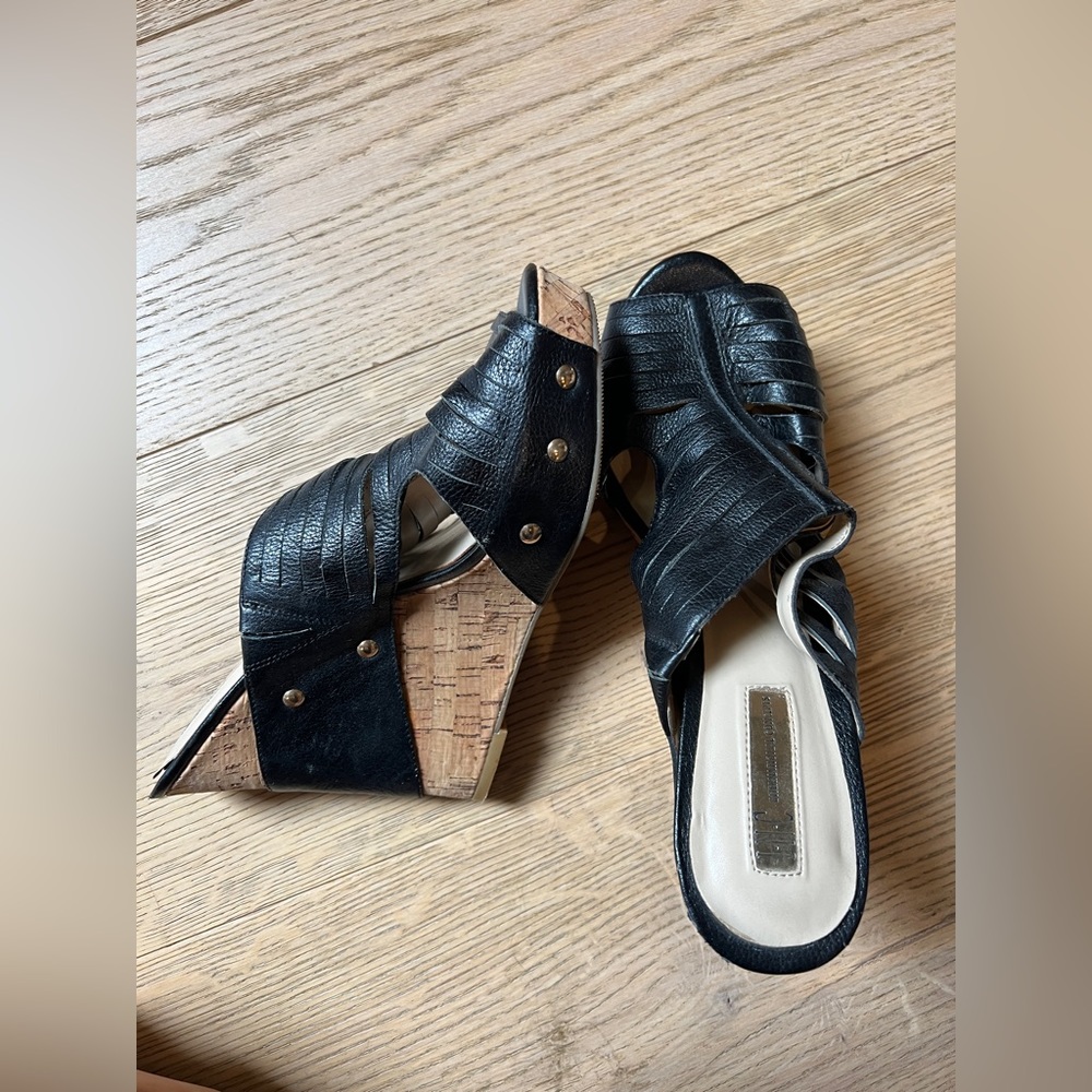 INC black wedge size 9.5 with wicker bottom and gold hardware